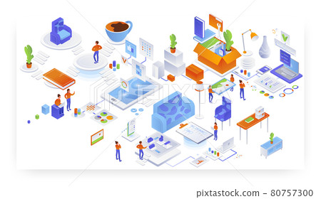 Home comfort, furniture placement. Interior design and unloading services, vector isometric illustration. Home comfort, furniture placement. Interior design and unloading services, vector isometric illustration. 80757300