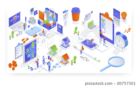 People packing cardboard box marking checklist, vector isometric illustration. Online delivery, package tracking service People packing cardboard box marking checklist, vector isometric illustration. Online delivery, package tracking service 80757301