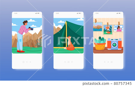 Tourist nature photographer taking photo of red fox. Mobile app screens, vector website banner, web site design template 80757345