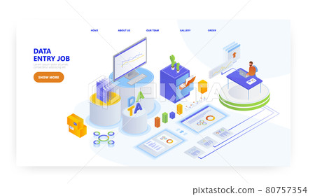Data entry job, landing page design, website banner vector template. Man entering information into database. Freelance. Data entry job, landing page design, website banner vector template. Man entering information into database. Freelance. 80757354
