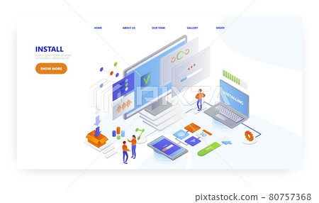 Install, landing page design, website banner vector template. Software programs, apps downloading and installation. 80757368