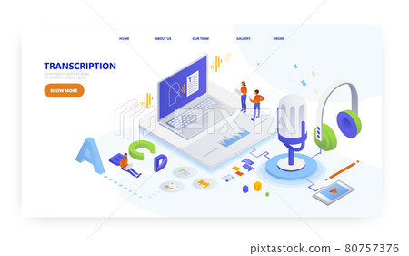 Audio transcription, landing page design, website banner vector template. Automatic speech recognition. Audio transcription, landing page design, website banner vector template. Automatic speech recognition. 80757376