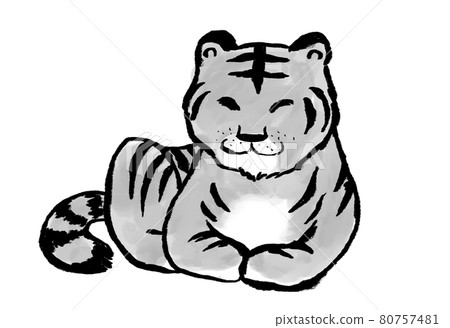 Catloaf sitting tiger ink painting watercolor black and white Catloaf sitting tiger ink painting watercolor black and white 80757481