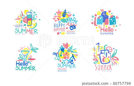 Bright Hello Summer Logo or Label for Seasonal Vacation Design Vector Set 80757799