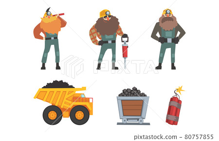 Coal and Ore Mining Industry with Bearded Man Miner and Rail Trolley Vector Set Coal and Ore Mining Industry with Bearded Man Miner and Rail Trolley Vector Set 80757855