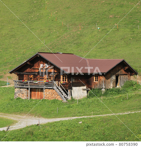 Small old timber hut in the Swiss Alps. Small old timber hut in the Swiss Alps. 80758390