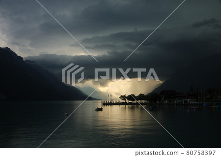 Arrival of a thunderstorm seen from Brienz, Switzerland. Arrival of a thunderstorm seen from Brienz, Switzerland. 80758397