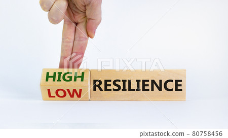 High or low resilience symbol. Businessman flips wooden cubes and changes words 'low resilience' to 'high resilience'. Beautiful white background, copy space. Business, high resilience concept. 80758456