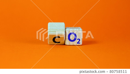 CO2 or O2 symbol. Turned the wooden cube and changed words 'CO2, carbon dioxide' to 'O2, oxygen'. Beautiful orange background, copy space. Business, ecological and carbon neutral concept. 80758511