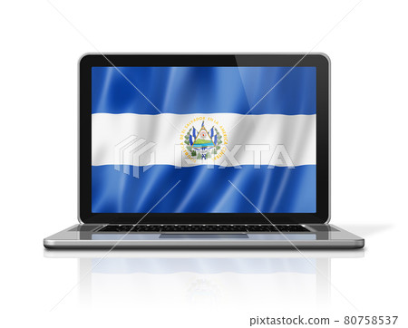 Salvadoran flag on laptop screen isolated on white. 3D illustration Salvadoran flag on laptop screen isolated on white. 3D illustration 80758537