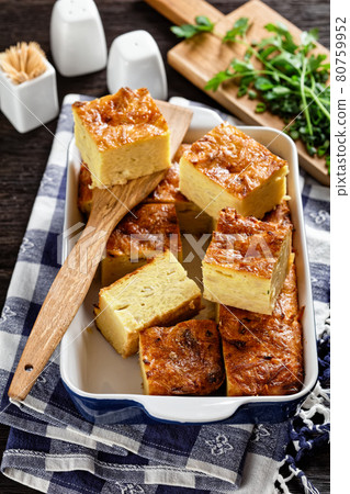 potato kugel, casserole of grated potato, top view potato kugel, casserole of grated potato, top view 80759952