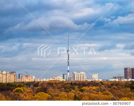 skyline with autumn forest and city skyline with autumn forest and city 80760907