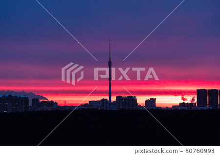 early sunrise over dark city park and TV tower 80760993