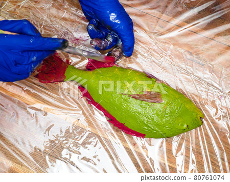 top view of hands paint fin of green Orata fish 80761074