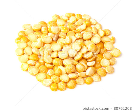 pile of dried split yellow peas closeup on white pile of dried split yellow peas closeup on white 80761208