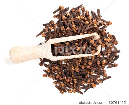 top view of scoop on pile of dried cloves on white top view of scoop on pile of dried cloves on white 80761455