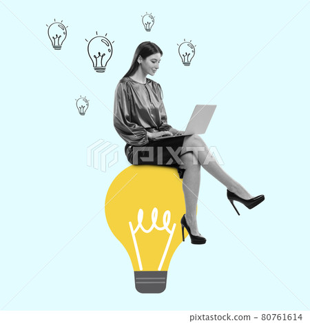 Young girl, accountant, finance analyst or clerk in office suit using laptop isolated on light background. Young girl, accountant, finance analyst or clerk in office suit using laptop isolated on light background. 80761614