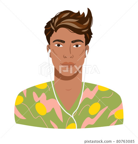 Portrait of a young handsome latino guy with earphones. Avatar of metis man. 80763085