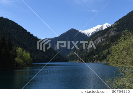 Panorama of the mountain lake, Kolsay Lakes National Park, Kazakhstan 80764130