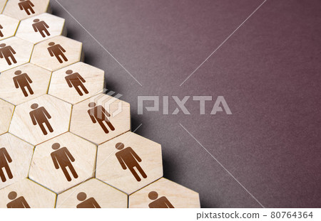 Hexagons with people in a structural order. Formation of company personnel, staffing. Hiring new employees and recruiting staff. Personnel management. Unity. Team discipline, teamwork cooperation. Hexagons with people in a structural order. Formation of company personnel, staffing. Hiring new employees and recruiting staff. Personnel management. Unity. Team discipline, teamwork cooperation. 80764364