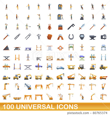 100 universal icons set, cartoon style 100 universal icons set, cartoon style 80765374