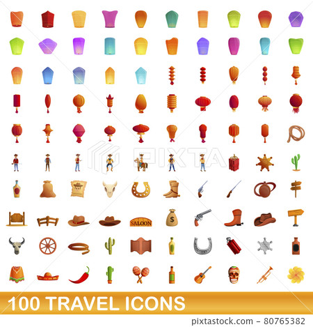 100 travel icons set, cartoon style 80765382