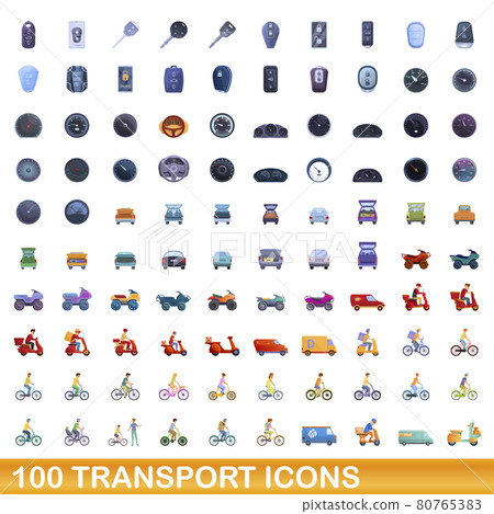 100 transport icons set, cartoon style 80765383