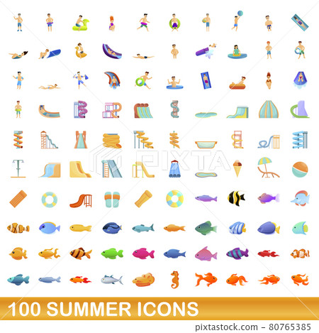 100 summer icons set, cartoon style 100 summer icons set, cartoon style 80765385