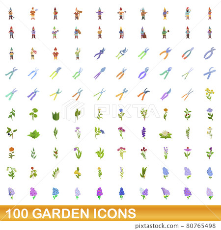 100 garden icons set, cartoon style 100 garden icons set, cartoon style 80765498
