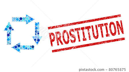Grunge Prostitution Stamp Print and Circulation Arrows Collage of Circles 80765875