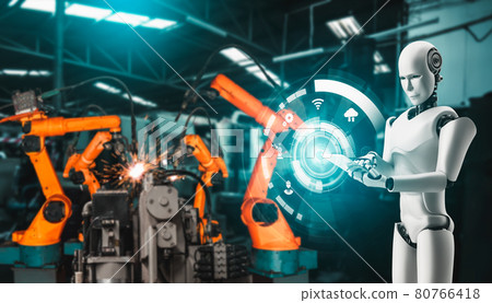 Mechanized industry robot and robotic arms for assembly in factory production . Mechanized industry robot and robotic arms for assembly in factory production . 80766418