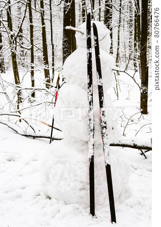 handcrafted snowman with skis in snow-covered park handcrafted snowman with skis in snow-covered park 80766476