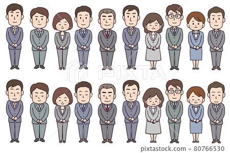 Welcome with a smile → Multiple men and women in business suits bowing (two types of hand positions) Whole body 80766530