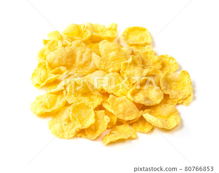 pile of sugar-free corn flakes closeup on white pile of sugar-free corn flakes closeup on white 80766853