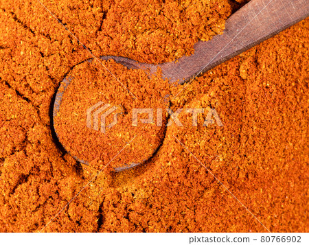 spoon on chili powder from cayenne pepper closeup spoon on chili powder from cayenne pepper closeup 80766902