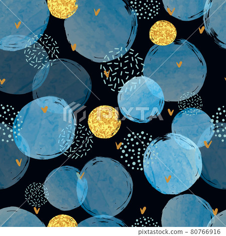 Seamless abstract dotted pattern with blue and golden circles on dark background. Seamless abstract dotted pattern with blue and golden circles on dark background. 80766916