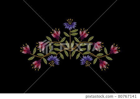 Embroidery of a delicate bouquet of pink-maroon carnations and purple carnations with green leaves on a black background 80767141