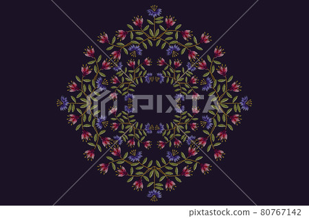 Dark blue background with a pattern for embroidery of a diamond-shaped ornament of pink-red and purple carnations with leaves and a square pattern in the middle Dark blue background with a pattern for embroidery of a diamond-shaped ornament of pink-red and purple carnations with leaves and a square pattern in the middle 80767142