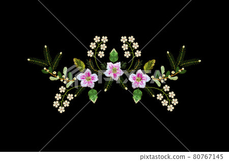 Black background with an embroidered bouquet of white flowers, pine branches, twigs with berries and leaves, white and pink carnations in the center Black background with an embroidered bouquet of white flowers, pine branches, twigs with berries and leaves, white and pink carnations in the center 80767145