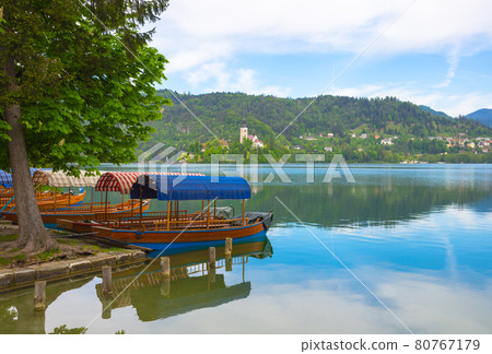 Traditional Pletna boats waiting for tourists on Lake Bled, with the lake island and charming little church in the background, famous tourists attraction in Slovenia Traditional Pletna boats waiting for tourists on Lake Bled, with the lake island and charming little church in the background, famous tourists attraction in Slovenia 80767179