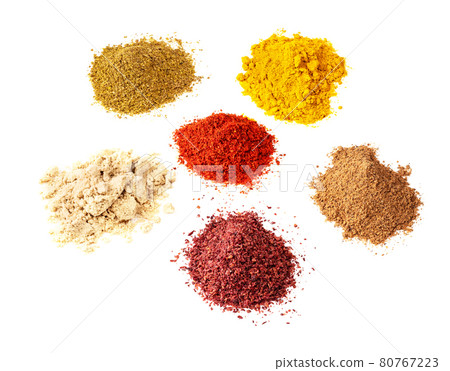 six various colour powdered spices on white 80767223