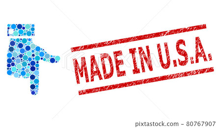 Grunge Made in U.S.A. Stamp Print and Hand Pointer Down Collage of Round Dots Grunge Made in U.S.A. Stamp Print and Hand Pointer Down Collage of Round Dots 80767907