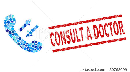 Grunge Consult a Doctor Stamp Seal and Phone Talking Mosaic of Circles 80768699
