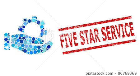 Scratched Five Star Service Stamp and Service Collage of Rounded Dots 80769369