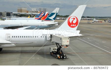 Process of Pre-flight service and handling. Luggage and catering loading at Narita Airport. 80769472