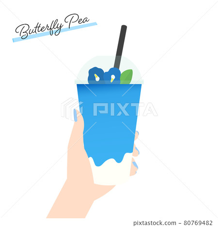 Butterfly pea latte: female hand with a beautiful blue drink (white background) 80769482