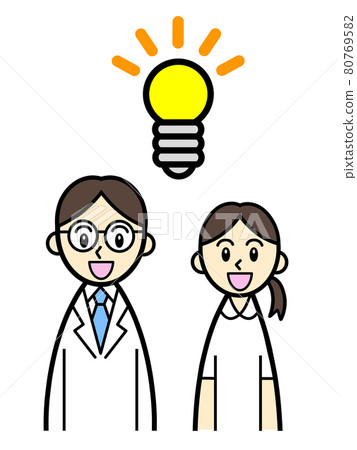 A glowing light bulb and a young doctor and nurse with an inspirational face 80769582