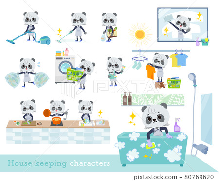 一組做清潔、洗衣等家務活的熊貓女孩 80769620