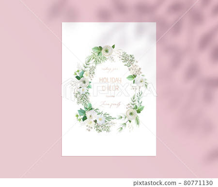 Merry Christmas Card with Wishing Holiday Cheer Typography in White Flower Wreath Frame, Design with Blossoms and Plants Merry Christmas Card with Wishing Holiday Cheer Typography in White Flower Wreath Frame, Design with Blossoms and Plants 80771130