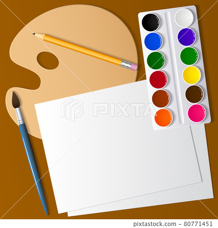 Drawing and creativity. Artistic appliances on the desktop. Watercolor paint, brushes and paper. View from above . Background image. Vector illustration. Drawing and creativity. Artistic appliances on the desktop. Watercolor paint, brushes and paper. View from above . Background image. Vector illustration. 80771451